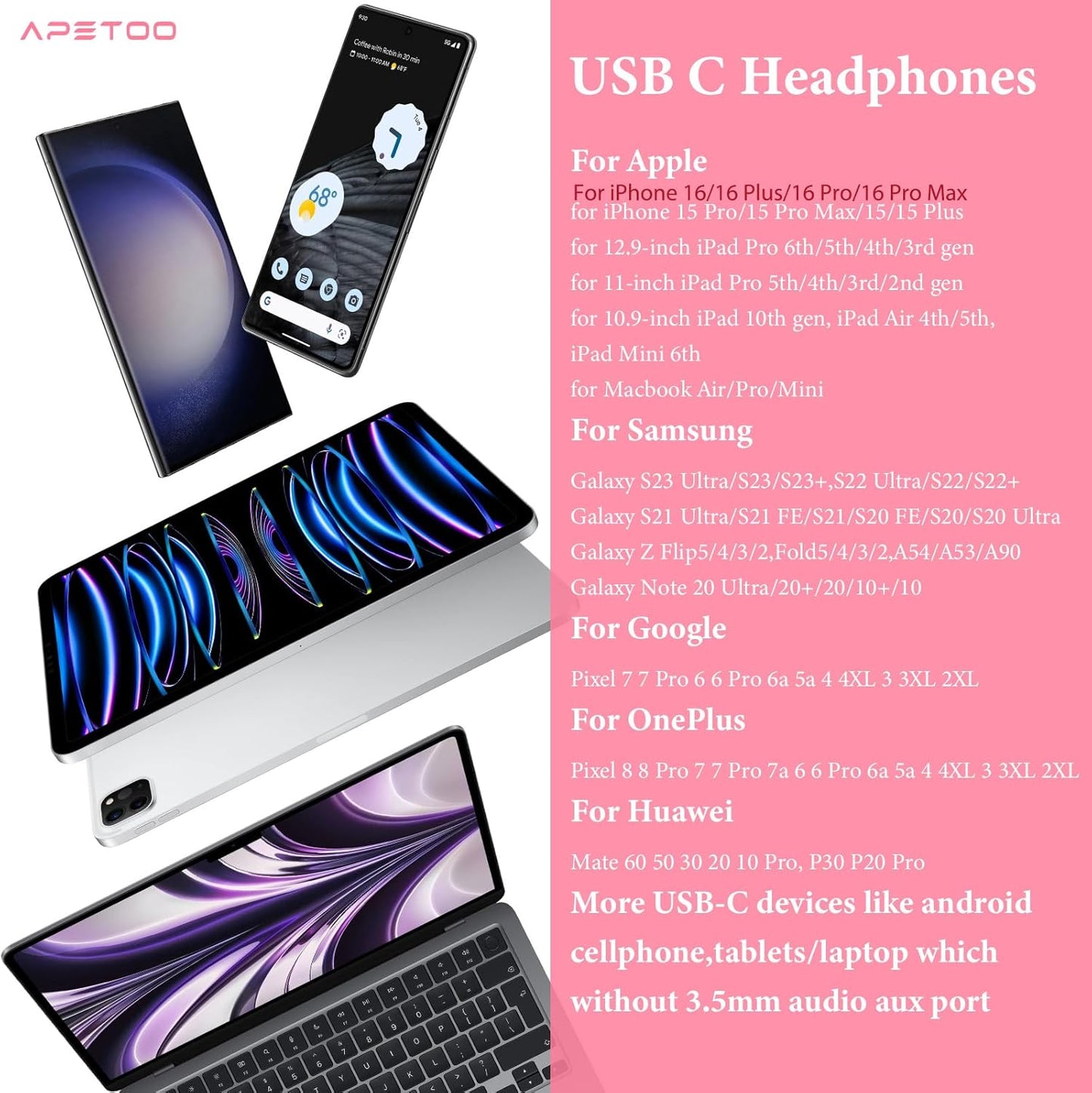 APETOO USB C Headphones for iPhone 15 Plus 16 17 Pro Max iPad Pro USB-C Wired Earbuds with Microphone Volume Control HiFi Stereo Type C Earphones for Galaxy S26 S25/S24/S23/S22, Pixel 10 9 8 7 6, Pink