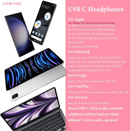 APETOO USB C Headphones for iPhone 15 Plus 16 17 Pro Max iPad Pro USB-C Wired Earbuds with Microphone Volume Control HiFi Stereo Type C Earphones for Galaxy S26 S25/S24/S23/S22, Pixel 10 9 8 7 6, Pink