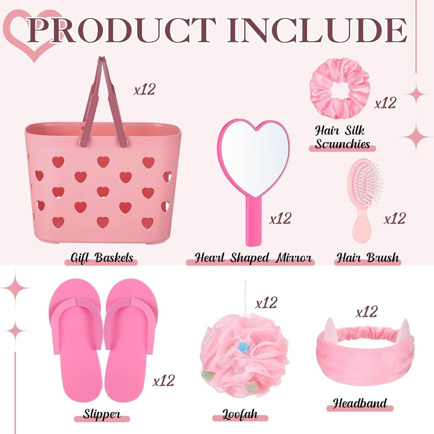 Pickmesh 8 Sets Spa Party Supplies Sleepover party with Pink Basket Heart Mirror Headband Satin Hair Scrunchies Hair Brush Loofah Disposable Slipper for Birthday Gift