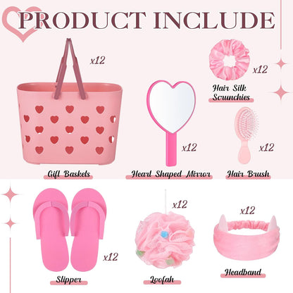 Pickmesh 8 Sets Spa Party Supplies Sleepover party with Pink Basket Heart Mirror Headband Satin Hair Scrunchies Hair Brush Loofah Disposable Slipper for Birthday Gift