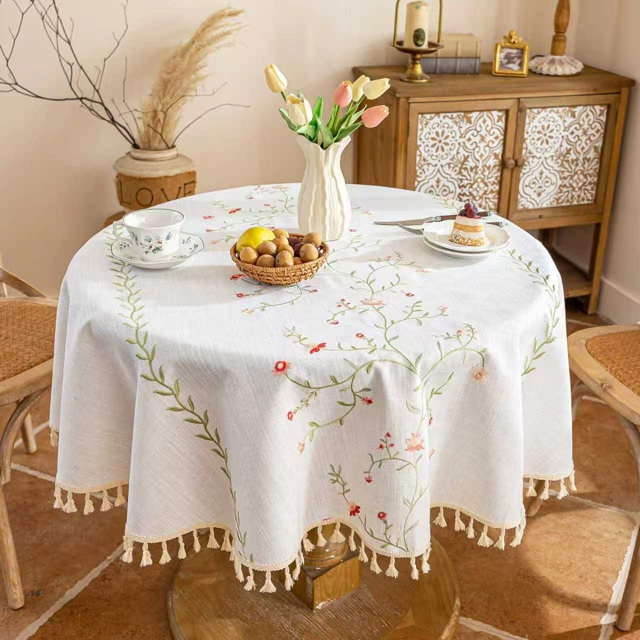 Alsoo Round Tablecloth 55", Spring Pink Floral Embroidery & Tassels, Farmhouse Rustic Linen Style Table Cloth, Heavy Weight Wrinkle & Spill Resistant Table Cover for Dining Kitchen 2-4 Seats