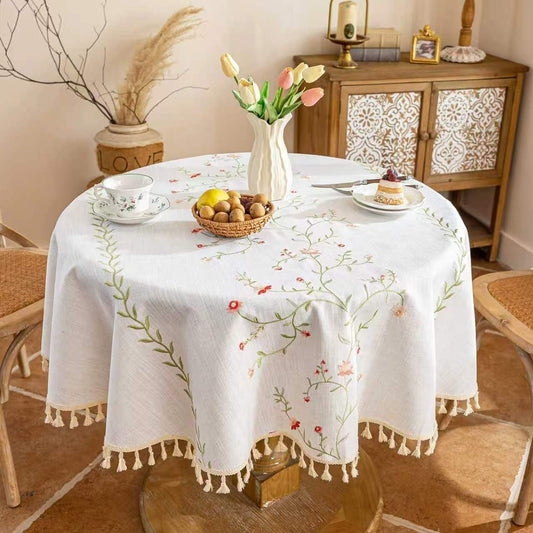 Alsoo Round Tablecloth 55", Spring Pink Floral Embroidery & Tassels, Farmhouse Rustic Linen Style Table Cloth, Heavy Weight Wrinkle & Spill Resistant Table Cover for Dining Kitchen 2-4 Seats