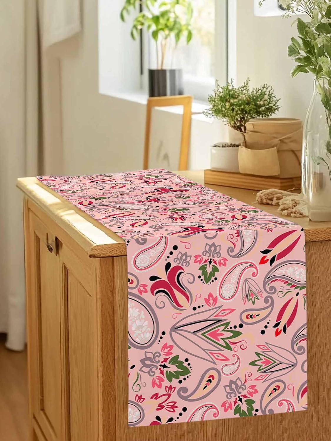 Vintage Baroque Style Floral Table Runners 13x72 Inches Long Linen Burlap Table Runner, Abstract Pink Paisley Flowers Tablerunners Dresser Scarf for Kitchen Dining Holiday Party Wedding Gathering