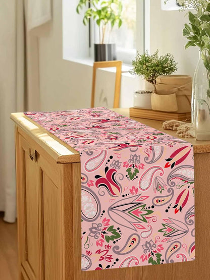 Vintage Baroque Style Floral Table Runners 13x72 Inches Long Linen Burlap Table Runner, Abstract Pink Paisley Flowers Tablerunners Dresser Scarf for Kitchen Dining Holiday Party Wedding Gathering