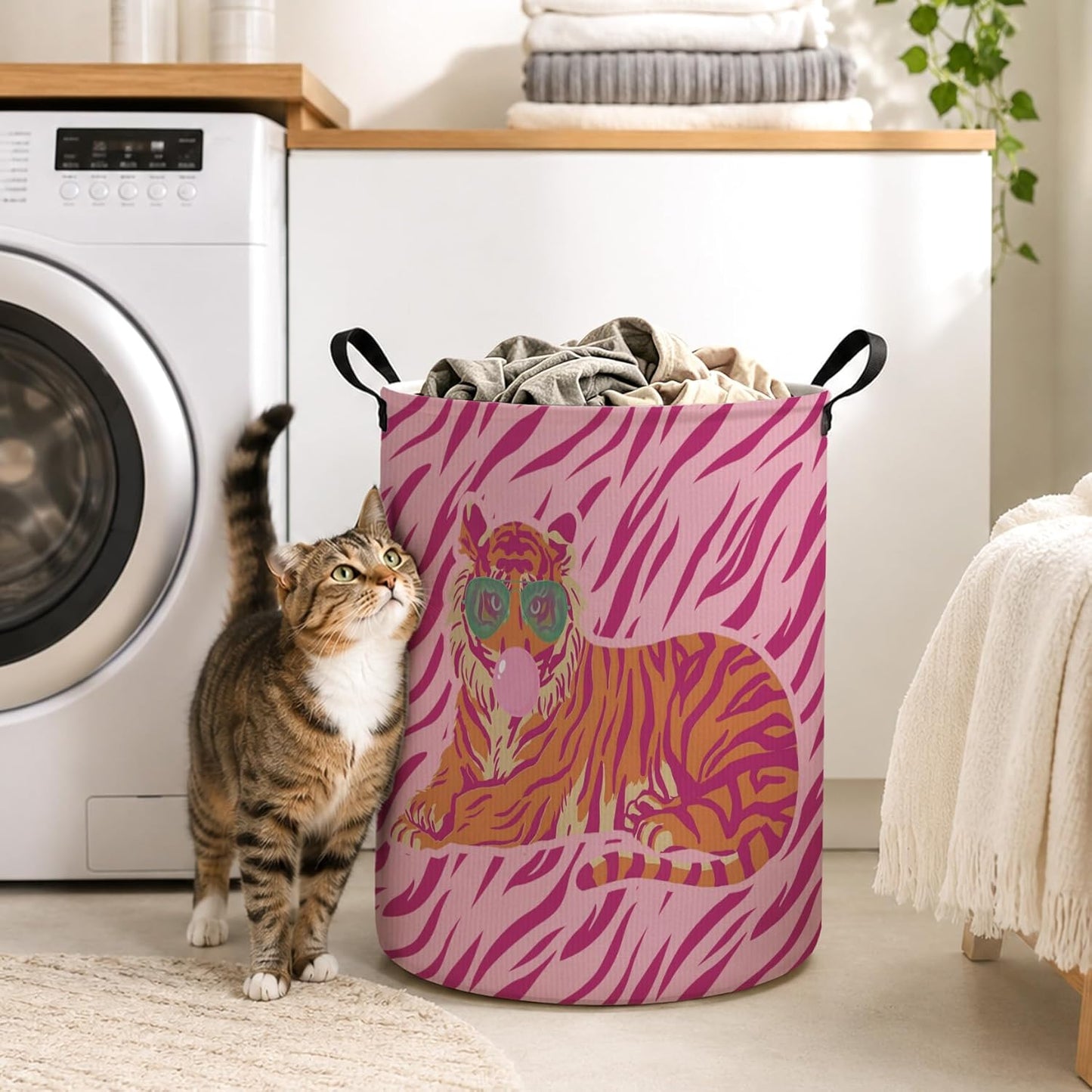 Trendy Pink and Orange Tiger Laundry Basket with Handles, Preppy Tiger with Sunglasses Laundry Hamper Waterproof Collapsible Clothes Toys Storage Organizer for Girls Dorm Bedroom Bathroom