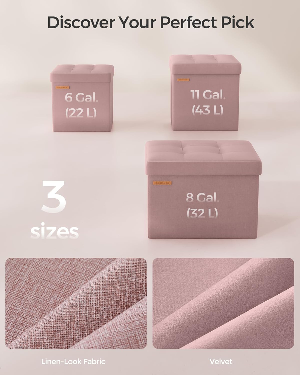SONGMICS Storage Ottoman, Foldable Small Ottoman Foot Rest, 11.8 Inches Foot Stool, Cube Ottoman with Storage, Load up to 286 lb, for Living Room, Bedroom, Dorm, Jelly Pink ULSF028R01