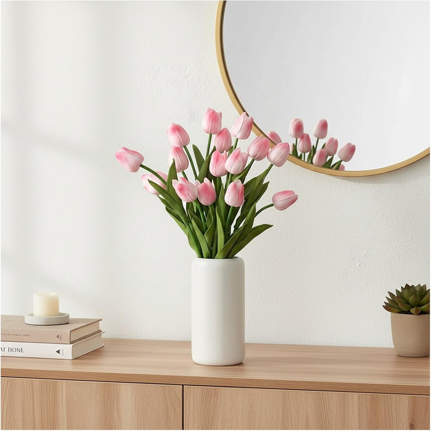 18pcs Artificial Tulips 13" PU Artificial Flowers for Family Friends Gifts DIY Flower Arrangement Home Kitchen Office Party Wedding Dining Table Decoration, Light Pink