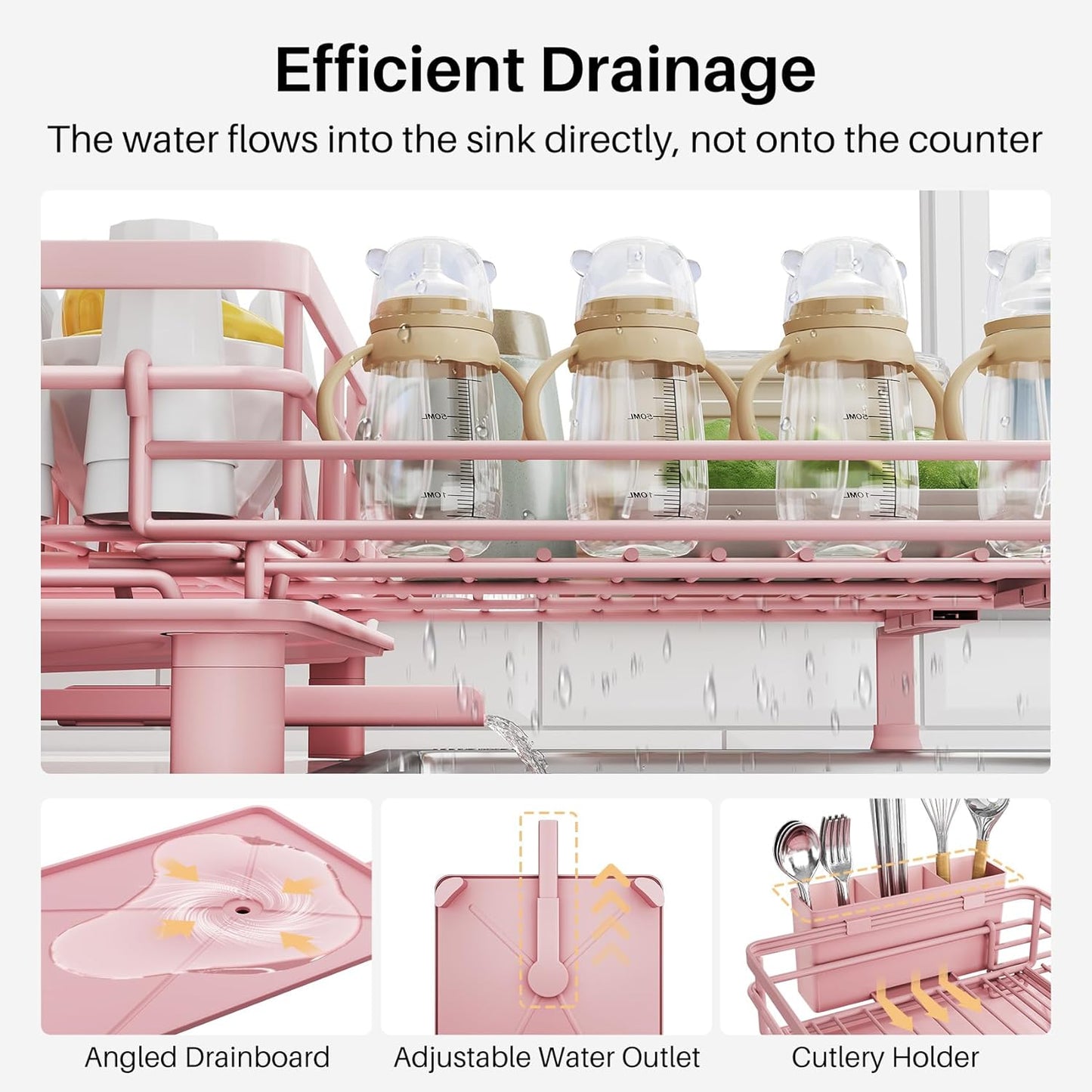 SNTD Dish Drying Rack - Extendable Dish Rack, Large Sink Drying Dish Drainer for Kitchen Counter, Stainless Steel Dish Strainer with Utensil Holder (Pink)