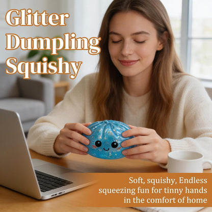 Dumpling Squishy, New Mystery Glitter Dumpling Squishies with Steamer, Sensory Squeeze Toy for Stress Relief, Soft Decompression Dough for Adults Office and Home Use (Pink)
