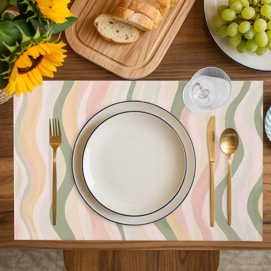 Placemats Light Green Pink Stripes Table Mats Set of 4, Washable Heat Tolerant Low Saturation Colorful Pattern Placemats for Indoor Kitchen Dining, Outdoor Party Dinner,13x19IN