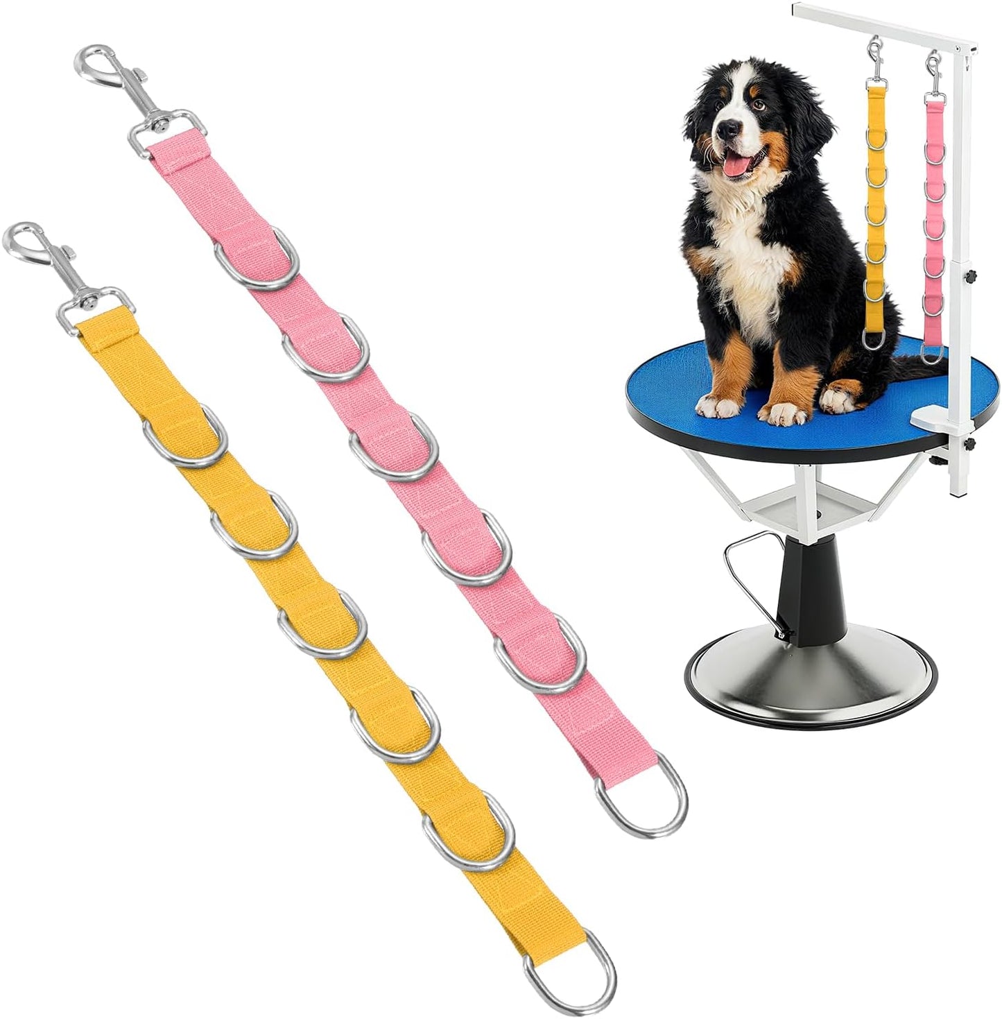 Pet Dog Grooming Loops, Adjustable Nylon Table Arm Extender Belly Strap with 6 White D-Rings Restraint Leash(Pink/Yellow, 2Pcs), Intended for Fixed Dog Bathing Hair Cutting