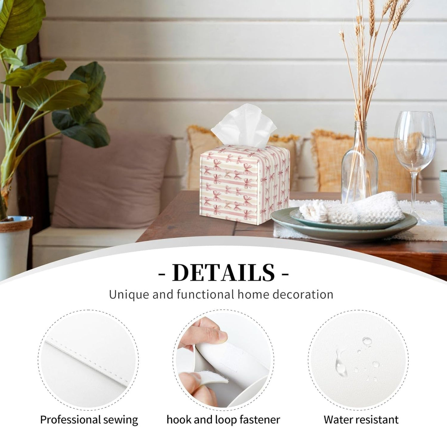 Pink Ribbon Bow Striped Tissue Box Cover Square Tissues Boxes Decorative Facial Paper Organizer for Friends, Home Nightstands Bathroom Table Decor