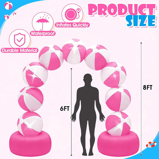8FT Inflatable Beach Ball Arch Built-in 5 LED Lights Pink Blow Up Archway for Summer Outdoor Decorations Tropical Luau Carnival Pool Beach Birthday Party Supplies Yard Garden Lawn Photo Backdrop