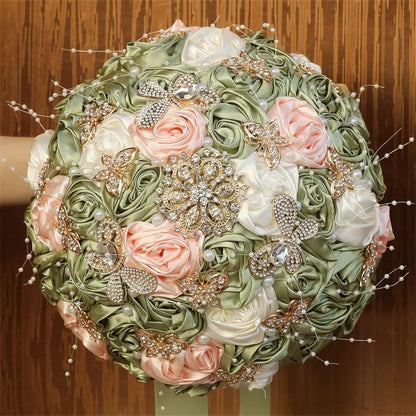 Handmade Rhinestone Bridal Bouquet for Wedding Round Tossing Bouquet Artificial Flower Bunch for Bride Bridesmaid (Sage+Ivory+Peach Pink, Small (Dia. 7.5"/18cm))