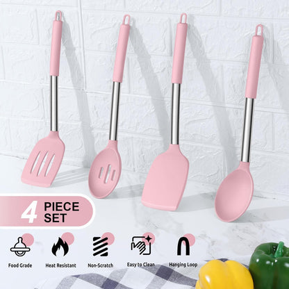 E-far Cooking Utensils Set of 4, Silicone Kitchen Utensils for Non-stick Cookware, Heat Resistant & Non-toxic Slotted Spatula Solid Spoon Turner for Flipping Mixing Serving Basting(Pink)