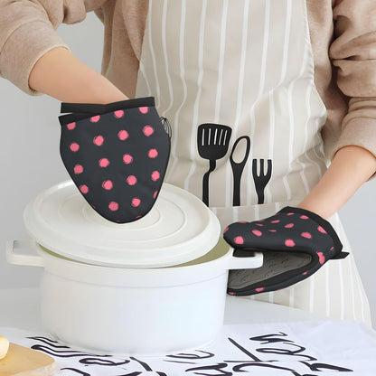 Light Pink Polka Dots in Grid On Solid Dark Gray Mini Silicone Oven Mitts Heat and Slip Resistant Kitchen Mittens,Short Oven Gloves for Safe Cooking Baking & Grill,5.9"X5.9"