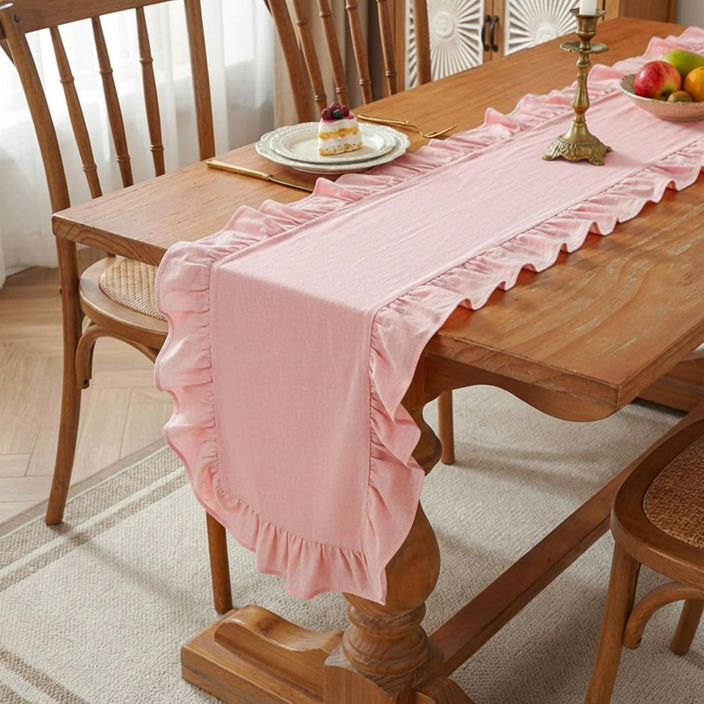 HunnmingRe Pink Ruffled Table Runner 72 inch Scalloped Table Runner Cotton Flounces Washable Shabby Farmhouse Rustic Home Kitchen Decoration for Wedding Rectangle Bride Shower Christmas Party