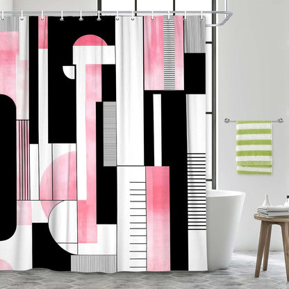 Pink Geometric Shower Curtain, Boho Abstract Striped Neutral Bathroom Curtain, Modern Minimalist Mid Century Aesthetic Bath Curtains Decor Waterproof Polyester Fabric with 12 Hooks, 47x72 in