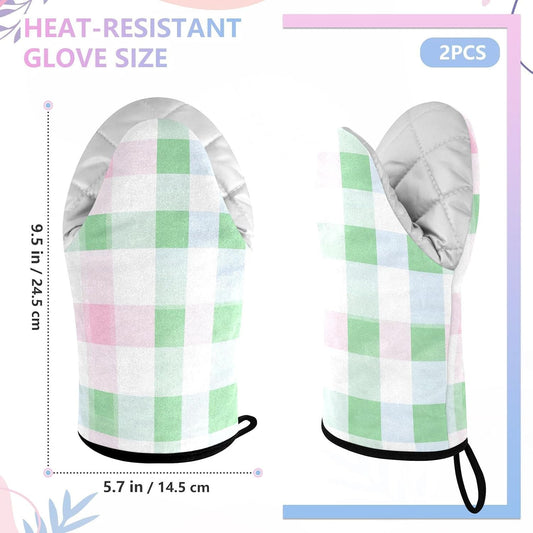 Oven Mitt 2 Pack Set Light Pink and Green Plaid Kitchen Mitts Gloves for for Cooking Baking Grilling