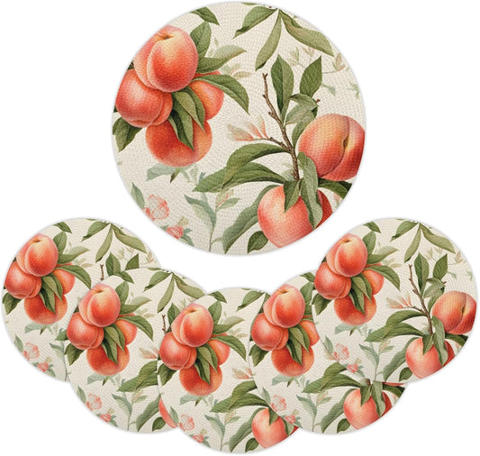 Peach Pattern Table Mats Set of 6 Circle 12.6" Reusable Round Dish Mats for Wedding Circular Placemats for Kitchen Holiday Braided Place Mats Home Party Dining Decor Protected Table