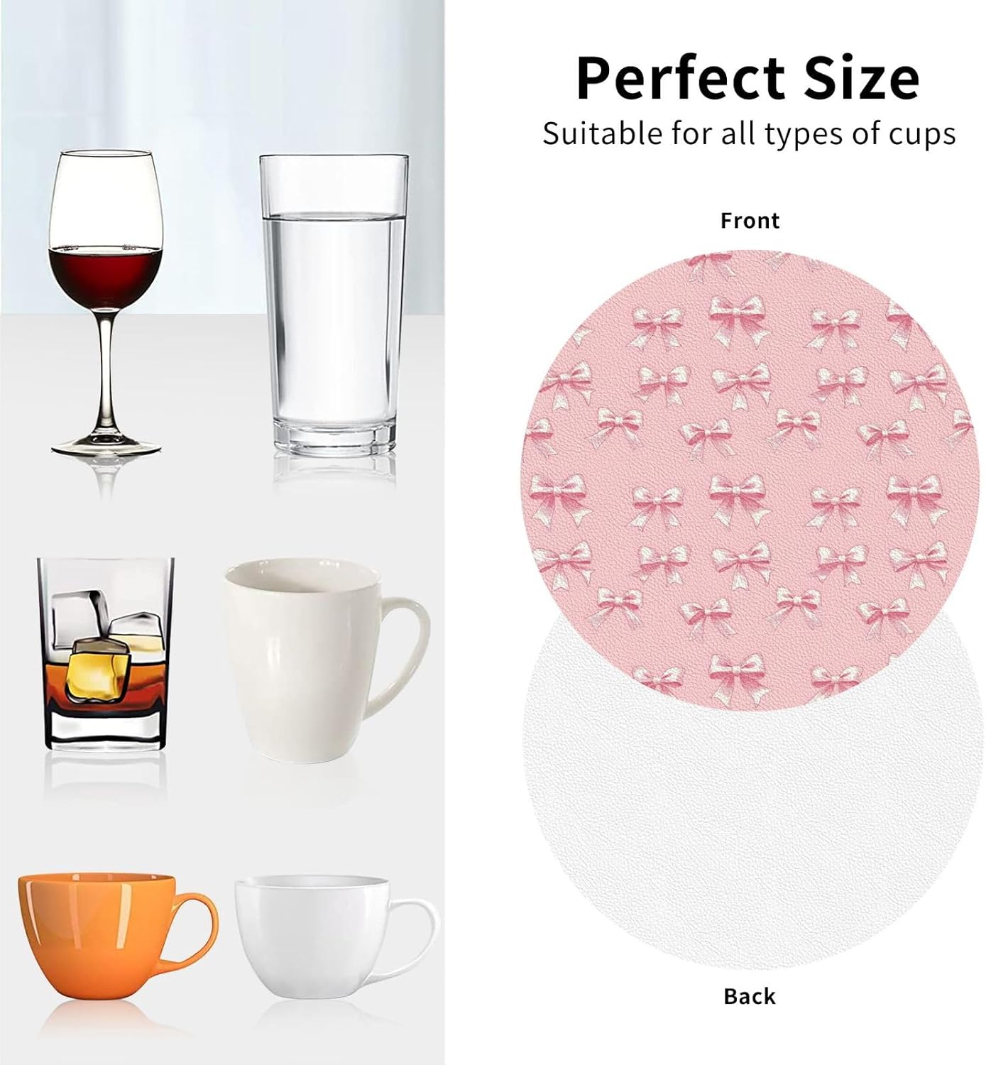 Leather Coasters Set of 4 - Ribbon Bow Pink Print Lightweight Drink Coasters for Desk, Non-Slip Anti-Scalding Desk Coaster Cup for Table Office Decor