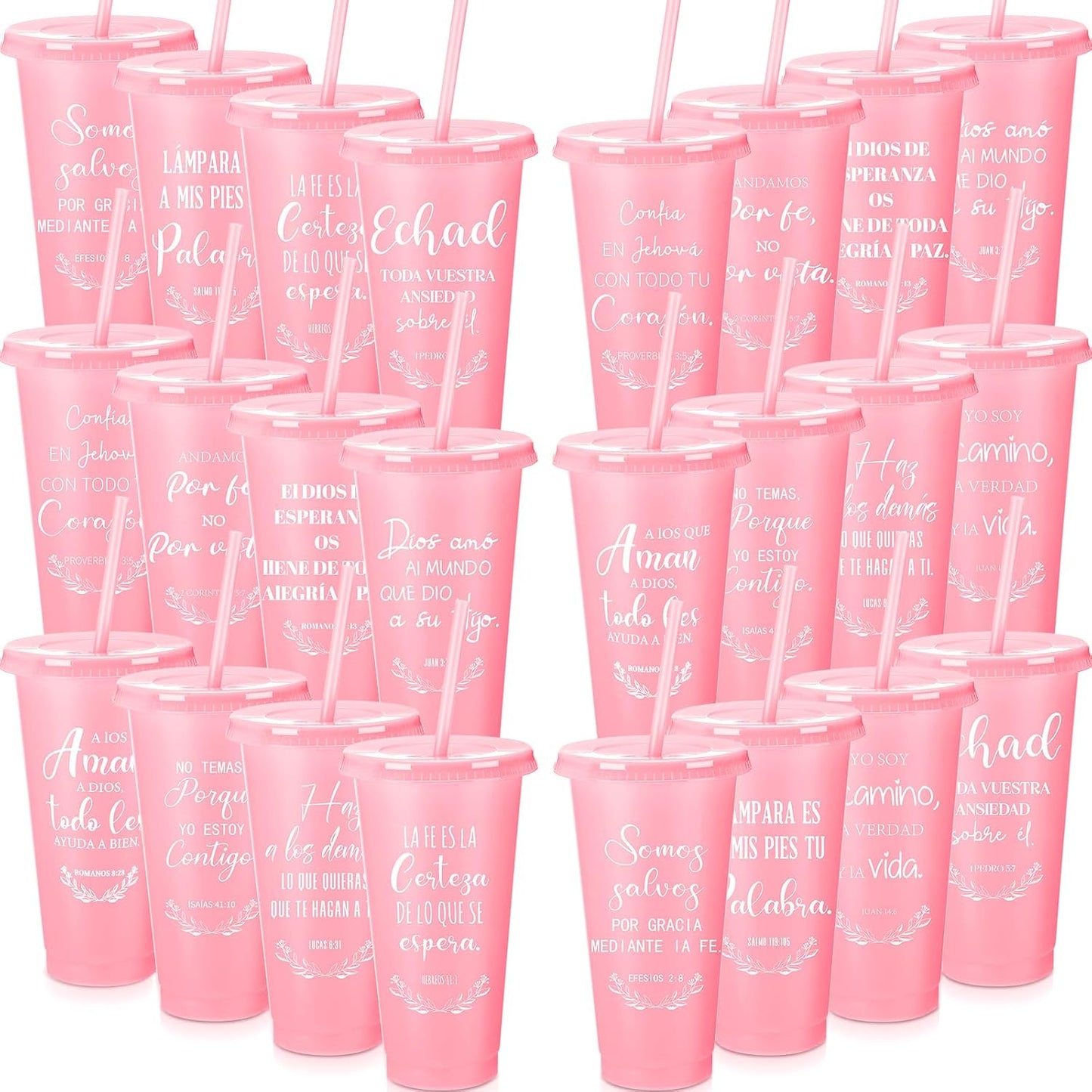 Funnymoom 60 Packs Christian Gift Bulk Inspirational Spanish Bible Verse Cup Gift Father Day 24oz Religious Plastic Tumbler with Lid Straw for Church (Light Pink)