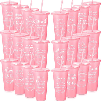 Funnymoom 60 Packs Christian Gift Bulk Inspirational Spanish Bible Verse Cup Gift Father Day 24oz Religious Plastic Tumbler with Lid Straw for Church (Light Pink)