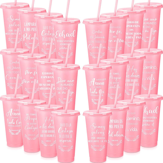 Funnymoom 60 Packs Christian Gift Bulk Inspirational Spanish Bible Verse Cup Gift Father Day 24oz Religious Plastic Tumbler with Lid Straw for Church (Light Pink)