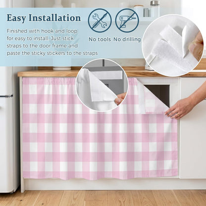 Farmhouse Checked Sink Skirt for Bathroom, Self-Adhesive Under Sink Curtain, Light Pink Buffalo Plaid Pastoral Hide Pipes & Storage Fabric Cabinet Skirt Cover for Kitchen Laundry 32"x55"