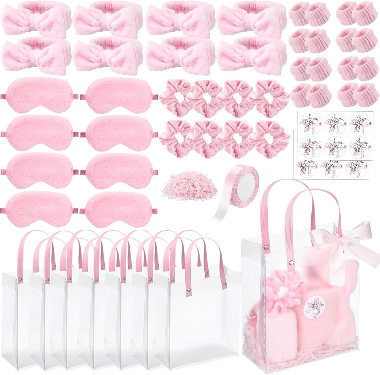 Suncalla 52 Pcs Pink Spa Sleepover Party Supplies, 8 Bow Headbands, 8 Eye Masks, 8 Velvet Scrunchies, 8 Transparent Bags, 16 Wristbands, 1 Ribbon for Women's Pajama Party Favor