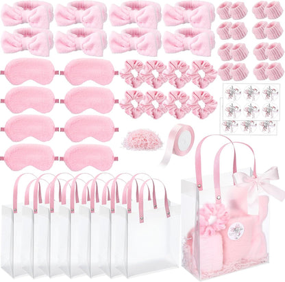 Suncalla 52 Pcs Pink Spa Sleepover Party Supplies, 8 Bow Headbands, 8 Eye Masks, 8 Velvet Scrunchies, 8 Transparent Bags, 16 Wristbands, 1 Ribbon for Women's Pajama Party Favor