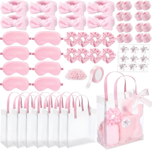 Suncalla 52 Pcs Pink Spa Sleepover Party Supplies, 8 Bow Headbands, 8 Eye Masks, 8 Velvet Scrunchies, 8 Transparent Bags, 16 Wristbands, 1 Ribbon for Women's Pajama Party Favor