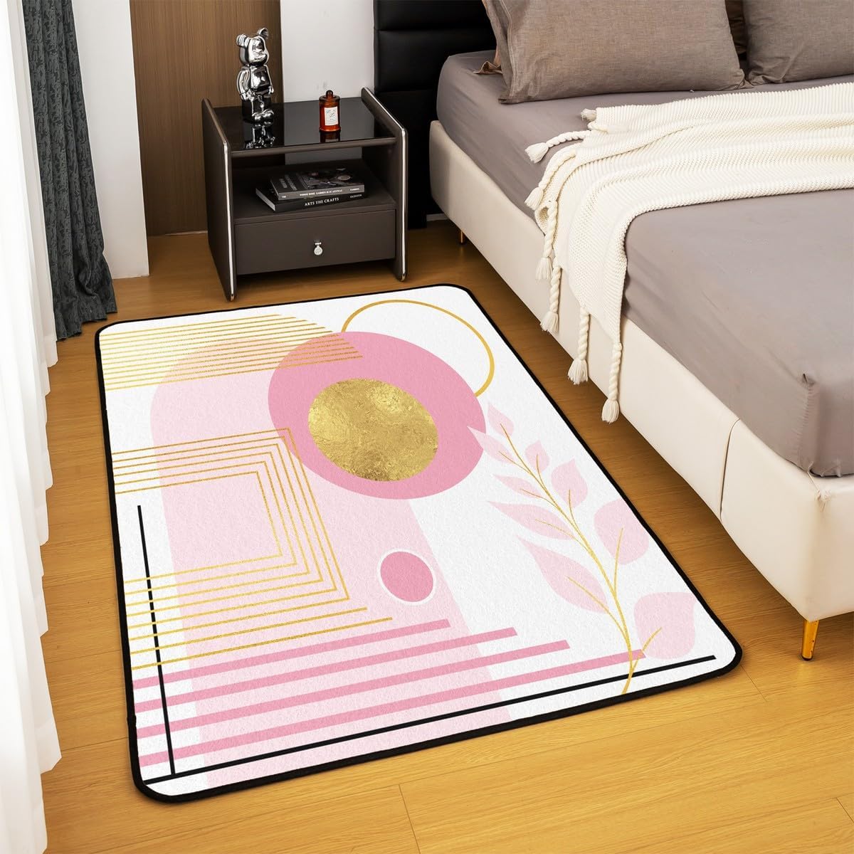 Erosebridal Pink and White Abstract Boho Area Rug 4'11" x 3'3" Minimalist Aesthetic Neutral Carpet Mid Century Modern Indoor Floor Mat Botanical Leaves Geometric Decorative Washable Rug