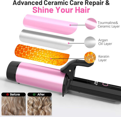 Large Curling Iron 2 Inch,Large Barrel Curling Iron for Long Hair,Dual Voltage Curling Iron 110-240V with European Plug,Curling Wand with Clamp for Loose Curls,5 Temp Digital Display,Temp Lock