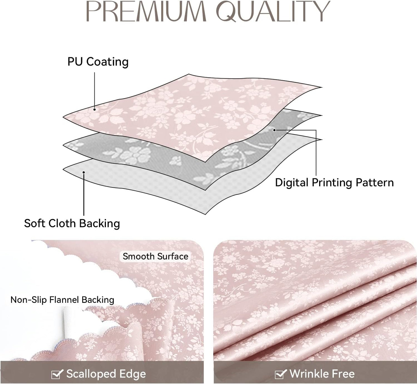 Romanstile Rectangle Vinyl Tablecloth,100% Waterproof Heavy Duty Oil Spill Proof Stain Resistant Plastic PU Table Cover with Flannel Backing for Kitchen, Dining (Rose Pink, 60 x 84)