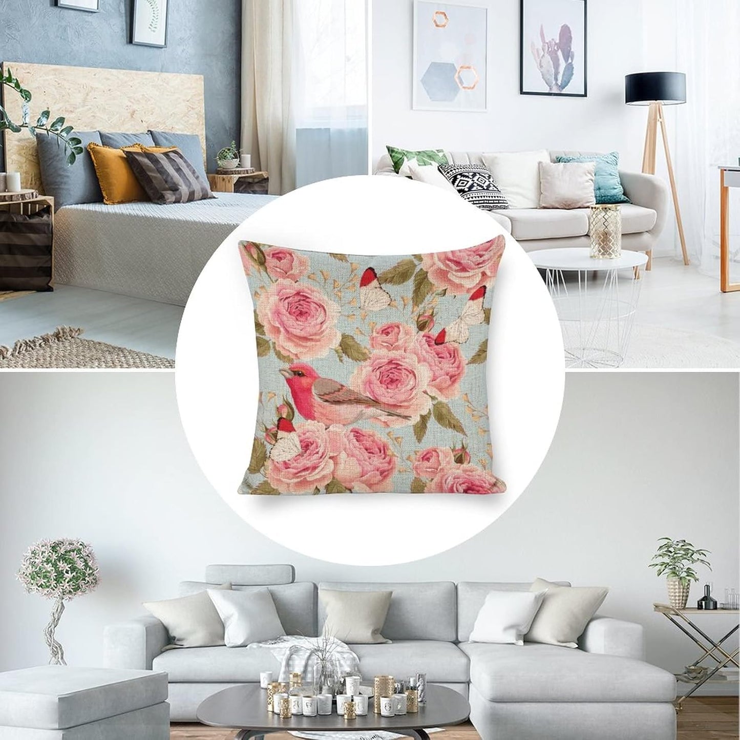 Linen Pillow Case Blue Pink Rose Bird Pattern 18x18 Inch Double Sided Decorative Cushion Cover for Sofa Bed Chair Car