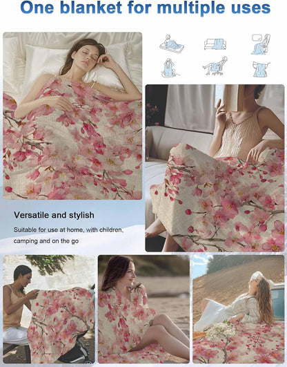 Cooling Blanket for Hot Sleepers, Peaches Branches Lightweight Ice Blanket for Night Sweats, Farmhouse Spring Botanical Pink Flowers Summer Cooling Throw Blankets for Bed/Soft/Travel 30"x40"