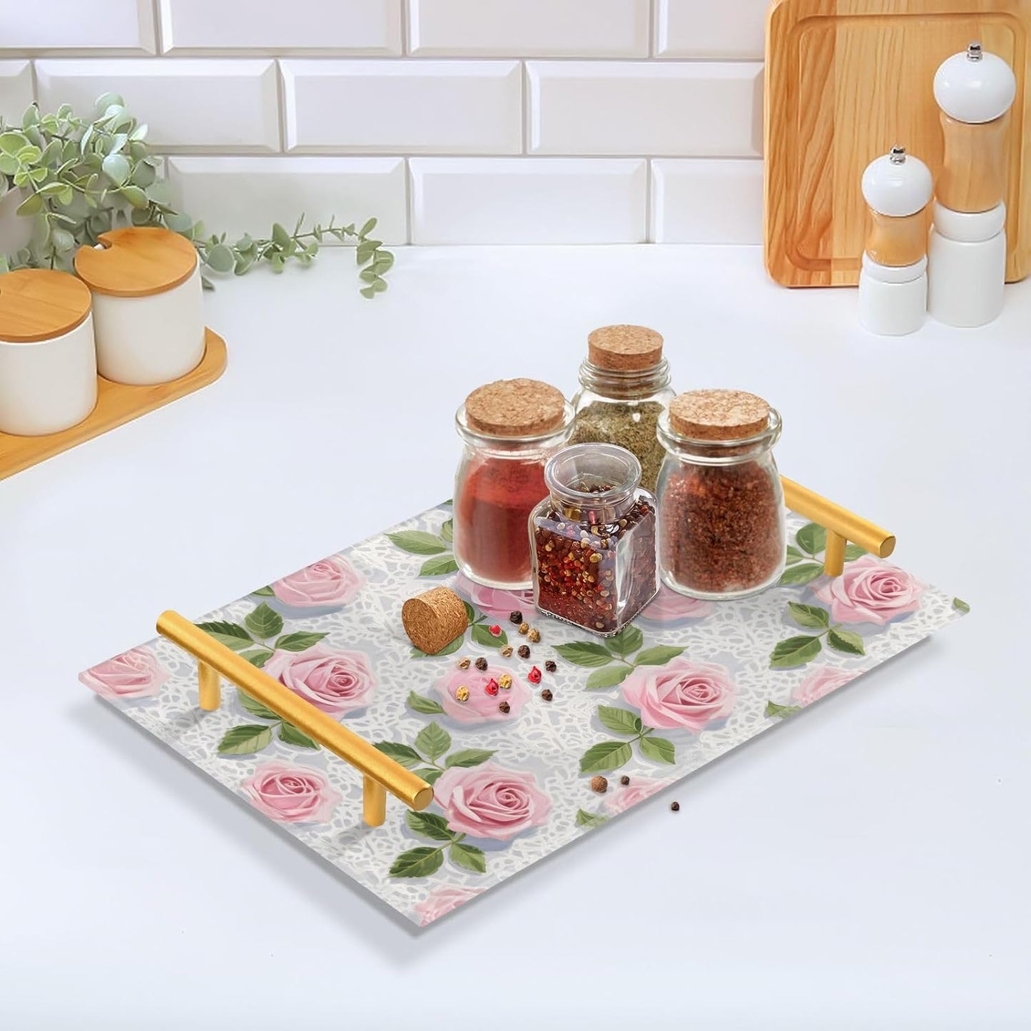 Pink Lace Rose Flowers Decorative Acrylic Cafeteria Tray with Handles Decorative Serving Trays for Jewelry Perfume for Party Serving bandeja para Comer