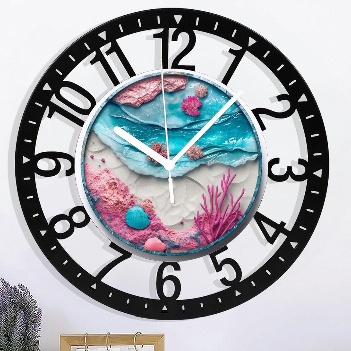 Metal Wall Clock for Living Room -10" Pink Coral Ocean Beach Shells Silent Non Ticking,Battery Operated, Antique Clocks for Farmhouse,Bedroom,Kitchen - Arabic Numerals