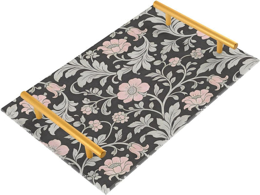 Vintage Pink Flowers William Morris Gray Decorative Service Tray with Handles Coffee Table Trays for Jewelry Perfume for Modern Serving bandeja para Snacks