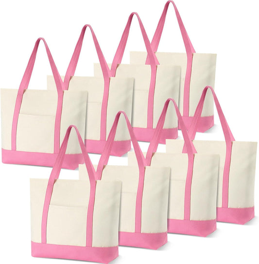 8 Pcs Large Canvas Tote Bags Bulk with Top Zipper Closure, Reusable Grocery Shopping Bags, Bachelorette Party DIY Gifts (21" X 15" X 6",Pink)