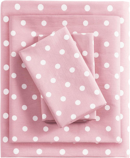 Intelligent Design Pink Queen Size Sheet Sets Kids Polka Dot Sheets for Girls 100% Cotton Percale Soft Flat and Fitted Sheet, Pillowcase, Breathable All Season Bed Set, Fits up to 14" Mattress