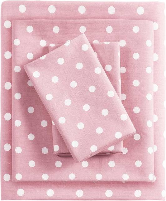 Intelligent Design Pink Queen Size Sheet Sets Kids Polka Dot Sheets for Girls 100% Cotton Percale Soft Flat and Fitted Sheet, Pillowcase, Breathable All Season Bed Set, Fits up to 14" Mattress
