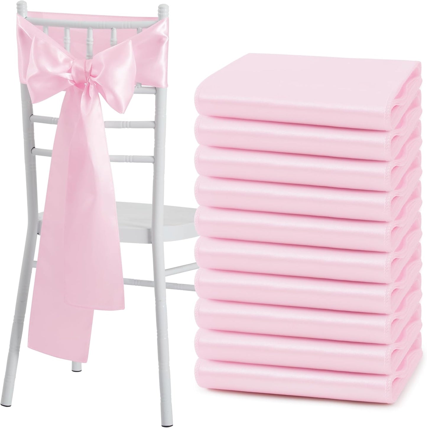 10 Pcs Pink Satin Chair Sashes Bows Universal Chair Cover for Wedding Reception Events Banquets Party, Hotel Event Decorations, 6 x 108 inch