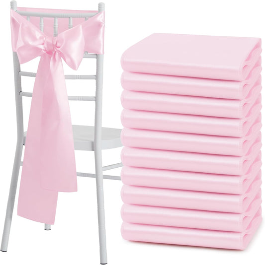 10 Pcs Pink Satin Chair Sashes Bows Universal Chair Cover for Wedding Reception Events Banquets Party, Hotel Event Decorations, 6 x 108 inch
