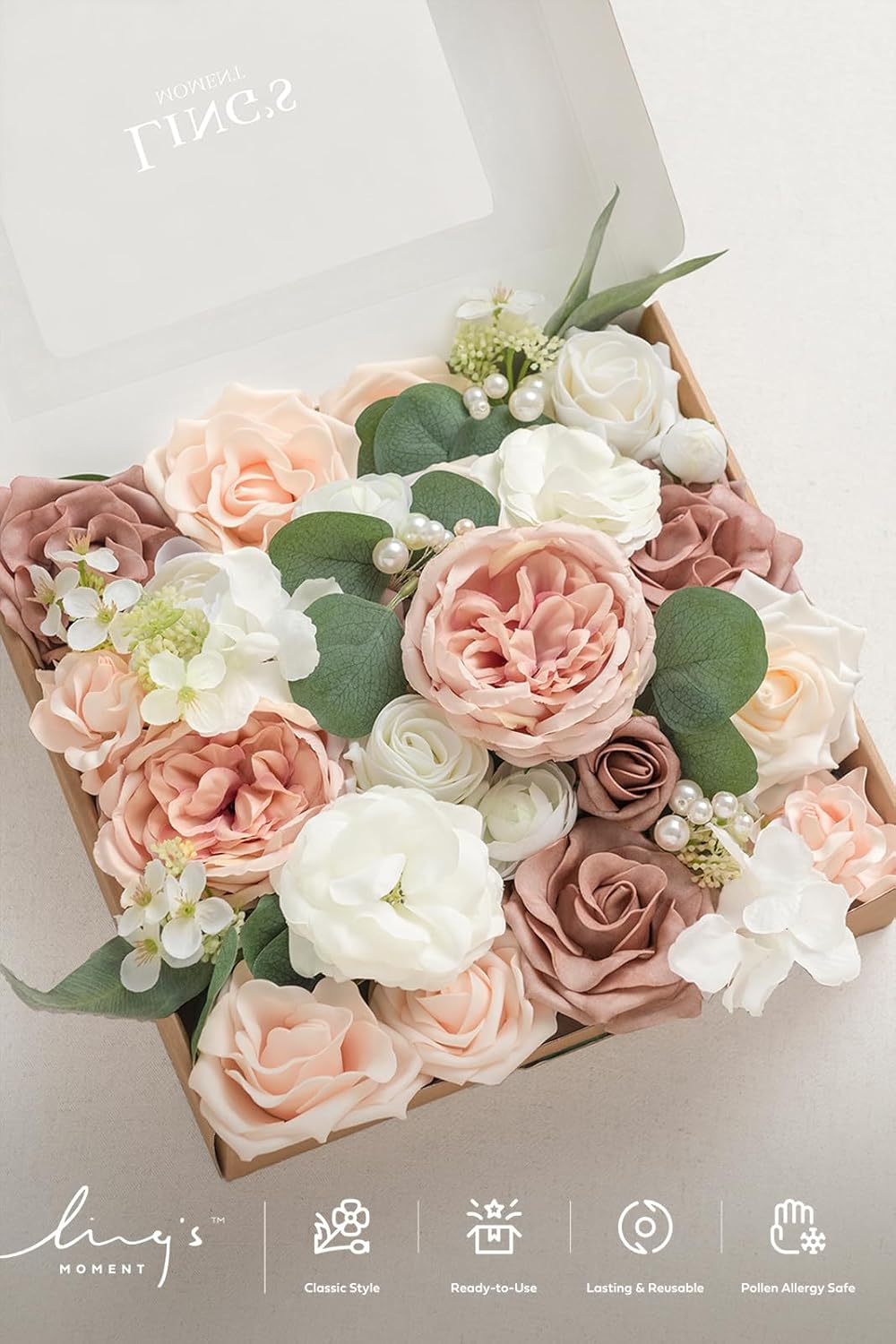 Ling's moment Fake Flowers Box, Faux Artificial Greenery Stems Foam Roses Gardenia Silk Ranunculus Peony Fabic Flower for Centerpieces Bouquet Wedding Vase, Dusty Rose & Pale Peach, Grand Combo
