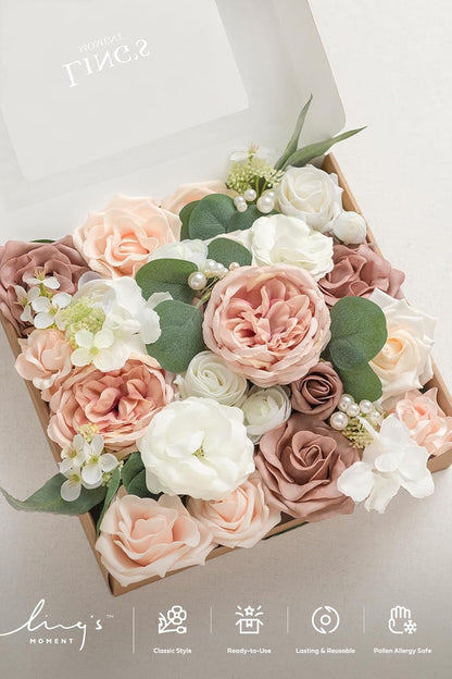 Ling's moment Fake Flowers Box, Faux Artificial Greenery Stems Foam Roses Gardenia Silk Ranunculus Peony Fabic Flower for Centerpieces Bouquet Wedding Vase, Dusty Rose & Pale Peach, Grand Combo