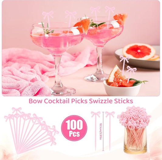 100Pcs Pink Toothpicks Plastic Bow Cocktail Picks Long Fruit Skewers Drink Stirrers Cupcake Toppers Fancy Toothpick for Appetizers Drinks Wedding Coquette Birthday Bow Party Decoration