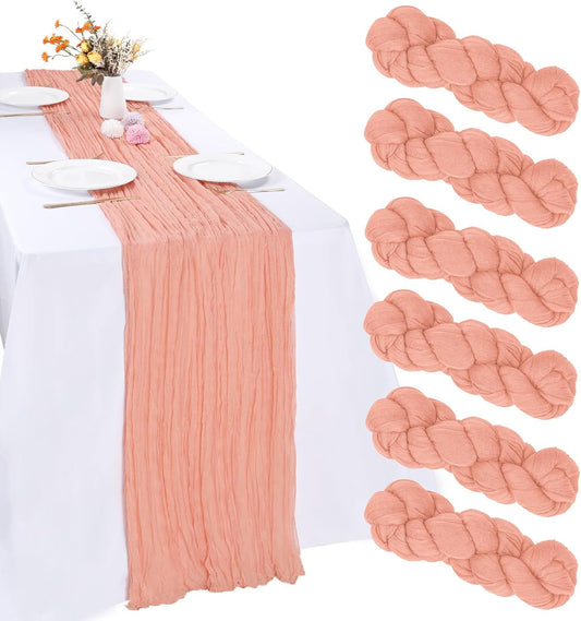 6 Pack Peach Cheesecloth Table Runner 10FT Coral Cheese Cloth Boho Gauze Fabric Table Runner 35 x 120 Inch Rustic Sheer for Summer Holiday Wedding Decor Baby Shower Party