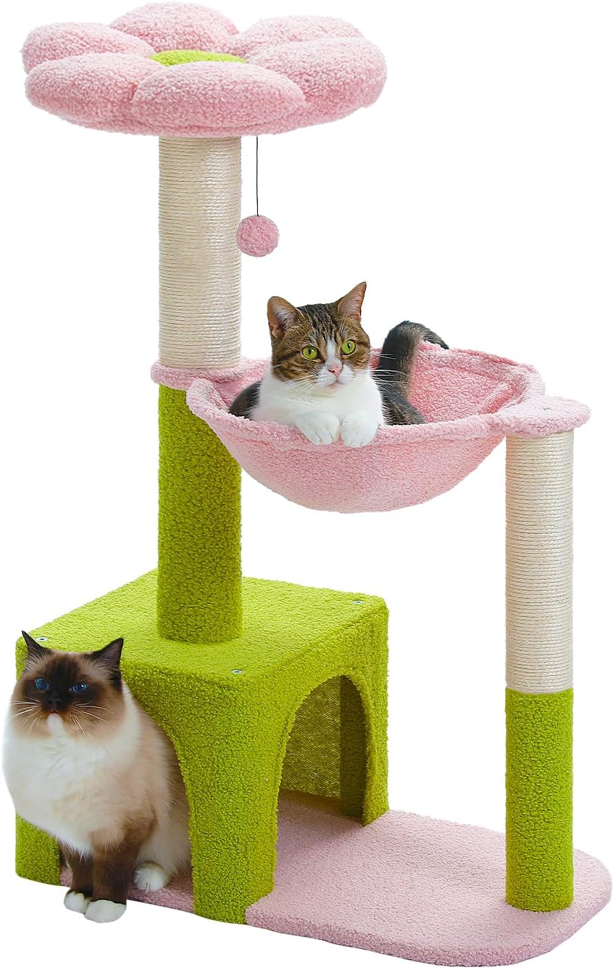MUTTROS Flower Cat Tree with Large Metal Frame Hammock, 35" Cute Cat Tower with Sisal Scratching Posts for Small Indoor Cats, Cat Condo with Pink Top Perch for Kittens, Pink